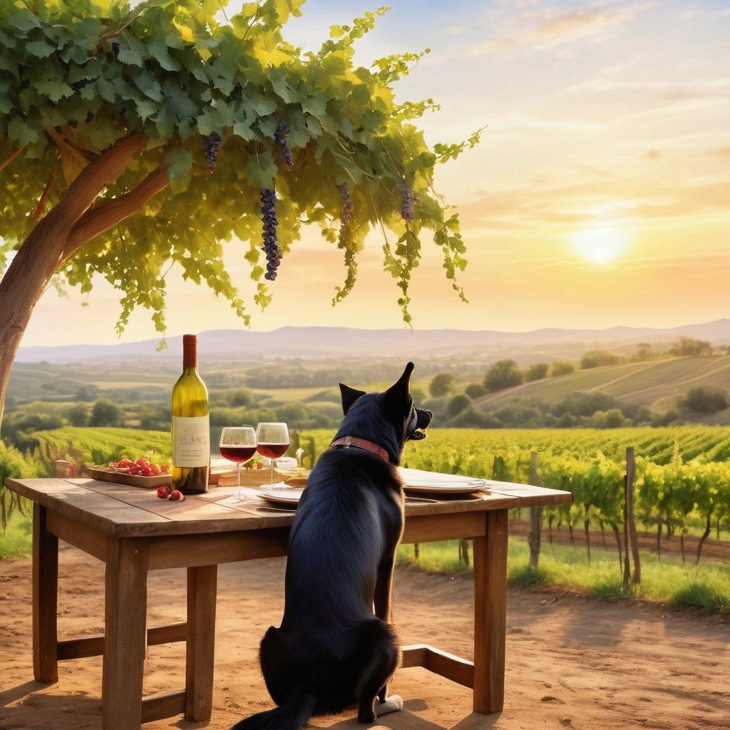 A picturesque vineyard at sunset, with lush grapevines trailing across a gentle hill. A cheerful dog plays nearby, its tail wagging, as a rustic wooden table is set with an array of vintage wine bottles and elegant glasses. Soft golden light bathes the scene, enhancing the warm, inviting atmosphere. Whimsical butterflies flutter around, adding a sense of delight to the escapade. watercolor style. vibrant colors. serene ambiance.
