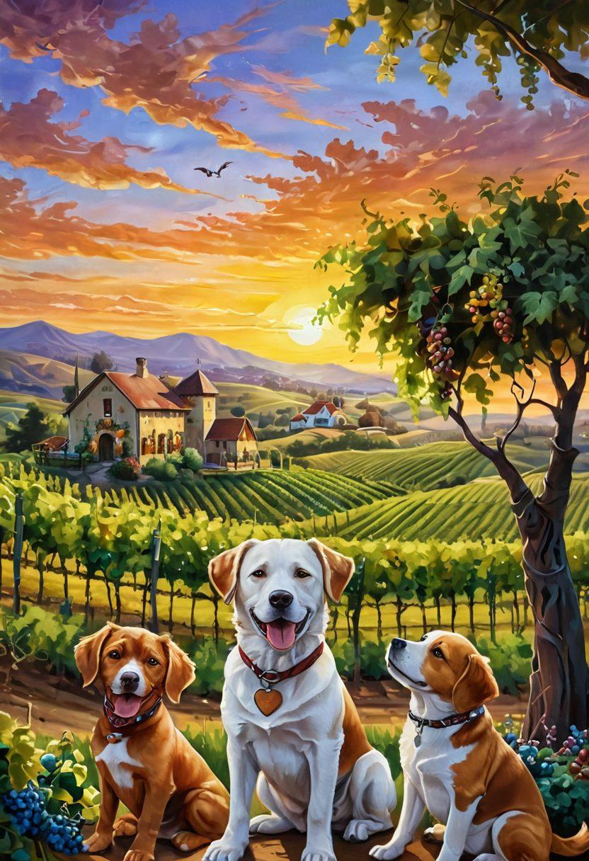 A whimsical vineyard scene featuring a picturesque winery with rolling hills covered in grapevines. In the foreground, a cheerful dog with a wine glass perched on its nose is surrounded by playful puppies enjoying the lush environment. Include a sunset casting golden hues over the vineyard to evoke warmth and joy. Emphasize vibrant colors and a lighthearted atmosphere. painting. vibrant colors.