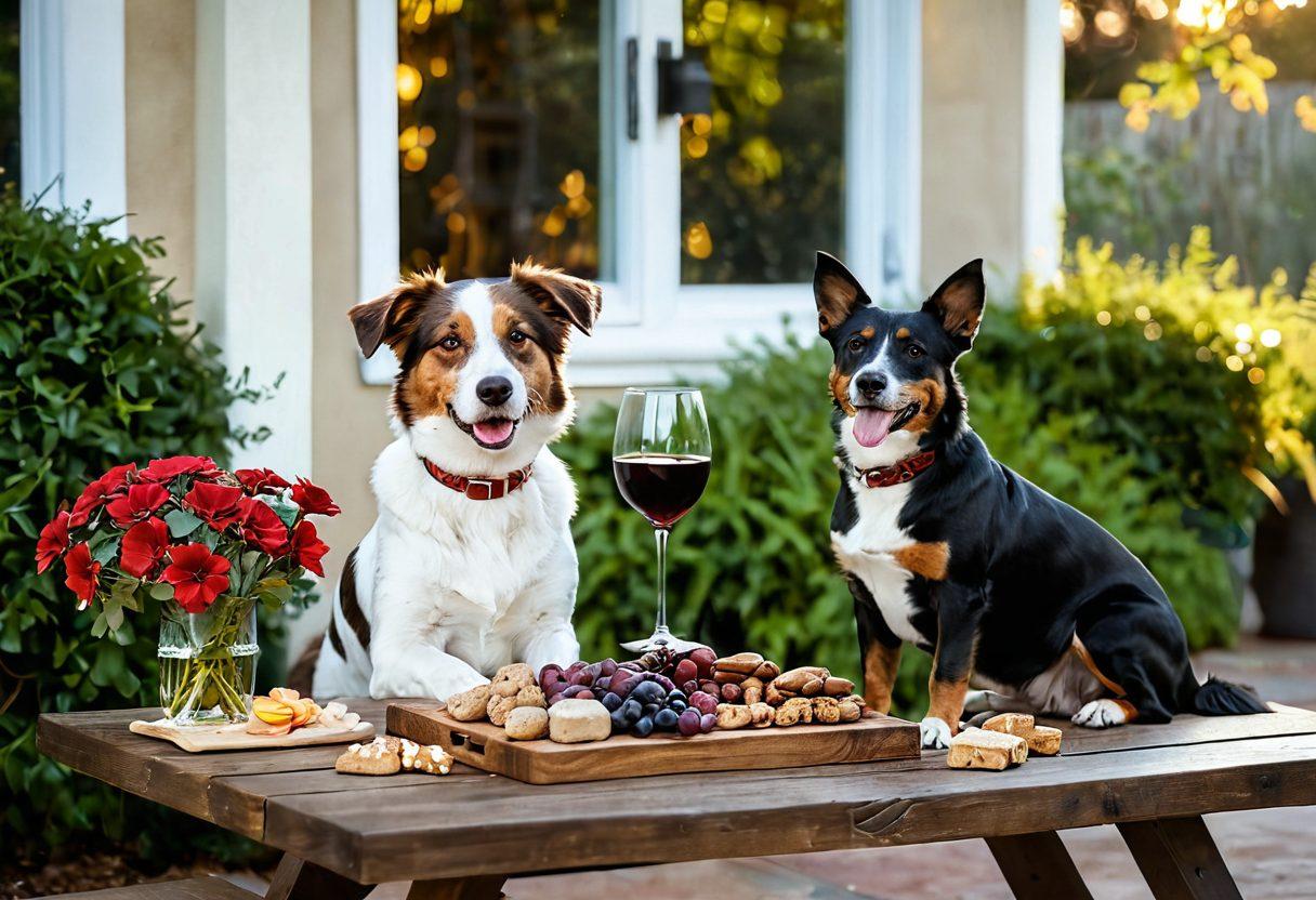 A cozy outdoor setting with a wooden table adorned with elegant wine glasses, a bottle of red wine, and gourmet dog treats. In the background, a happy dog playfully lounges, while a warm sunset bathes the scene in golden light. Surround the table with lush greenery and soft flowers, inviting a sense of celebration and joy. super-realistic. vibrant colors. warm tones.
